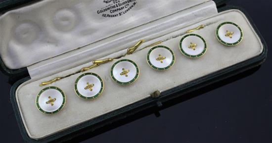 A cased set of six early 20th century 18ct gold, mother of pearl and green enamel dress buttons,
